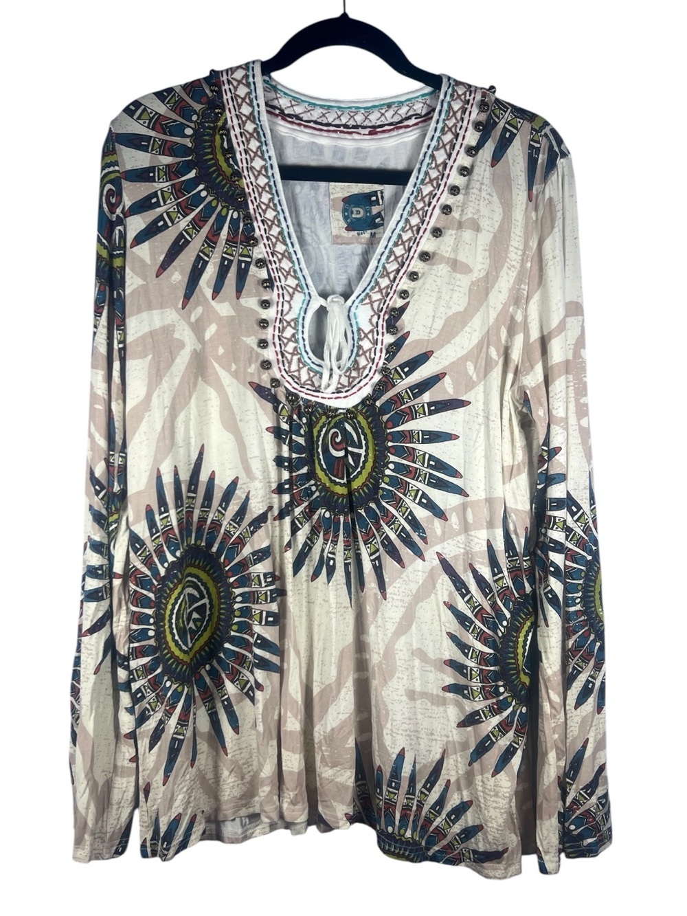 Double D Ranch Tunic Shirt Embroidered Feather  Beaded Southwest Blouse M